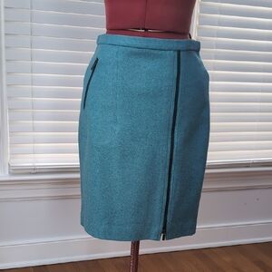 J. Crew Teal Wool Minimalist Pencil Skirt with Black Zippers Edgy Office Wear